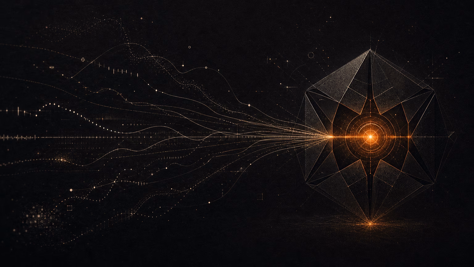 Streams of data converge into a glowing geometric core on a dark field.