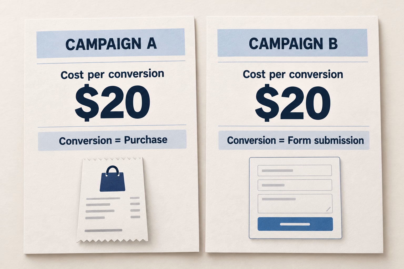 Two campaign reports both show $20 per conversion. Campaign A counts purchases; Campaign B counts form submissions.