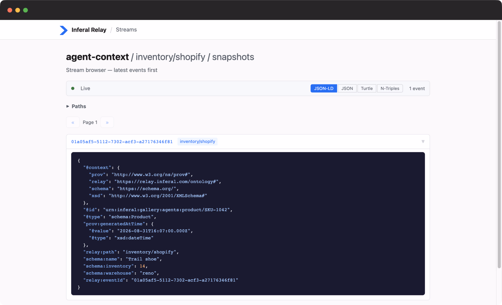 Expanded JSON-LD snapshot for a Shopify inventory product in the Relay stream browser.