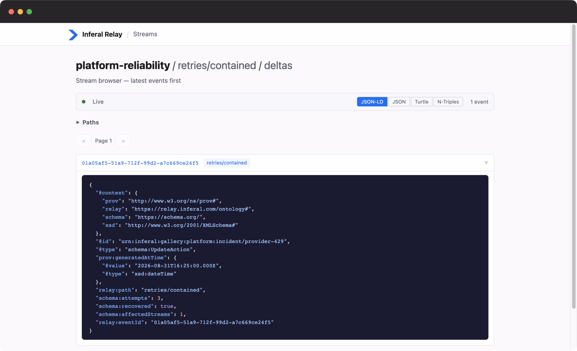 Expanded JSON-LD delta showing a recovered provider rate-limit incident in Relay.
