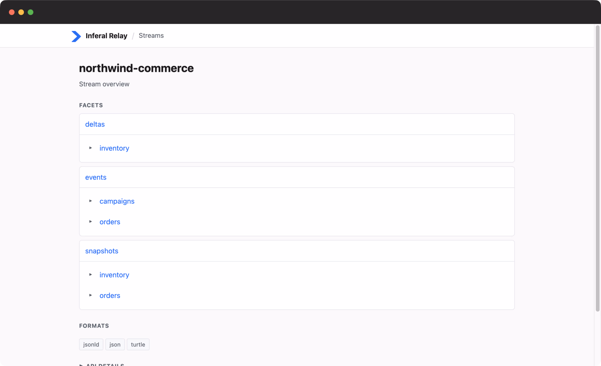 Relay stream overview for Northwind Commerce with inventory, campaign, and order paths organized under snapshots, deltas, and events.